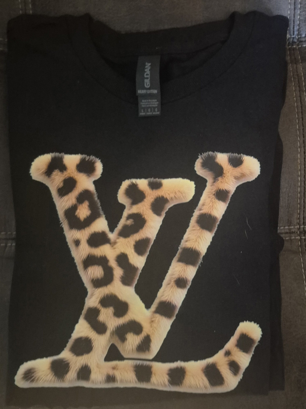 Black Graphic Tee with Leopard LV Logo
